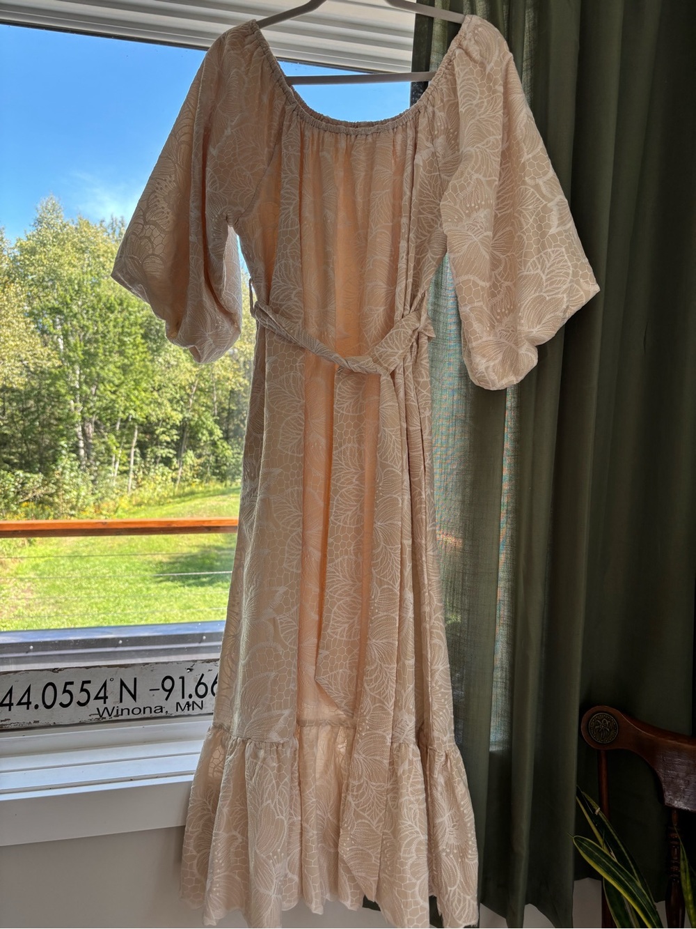 Peachy cream Off-Shoulder Floral Midi Dress with Tie Waist